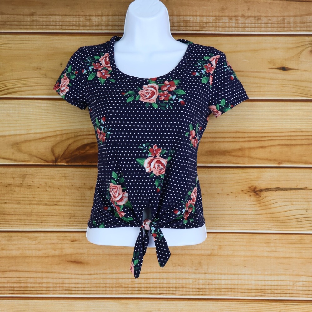 Rue 21 Cropped Shirt Womens Size XS Blue Flowers Dots Short Sleeves Stretch Soft